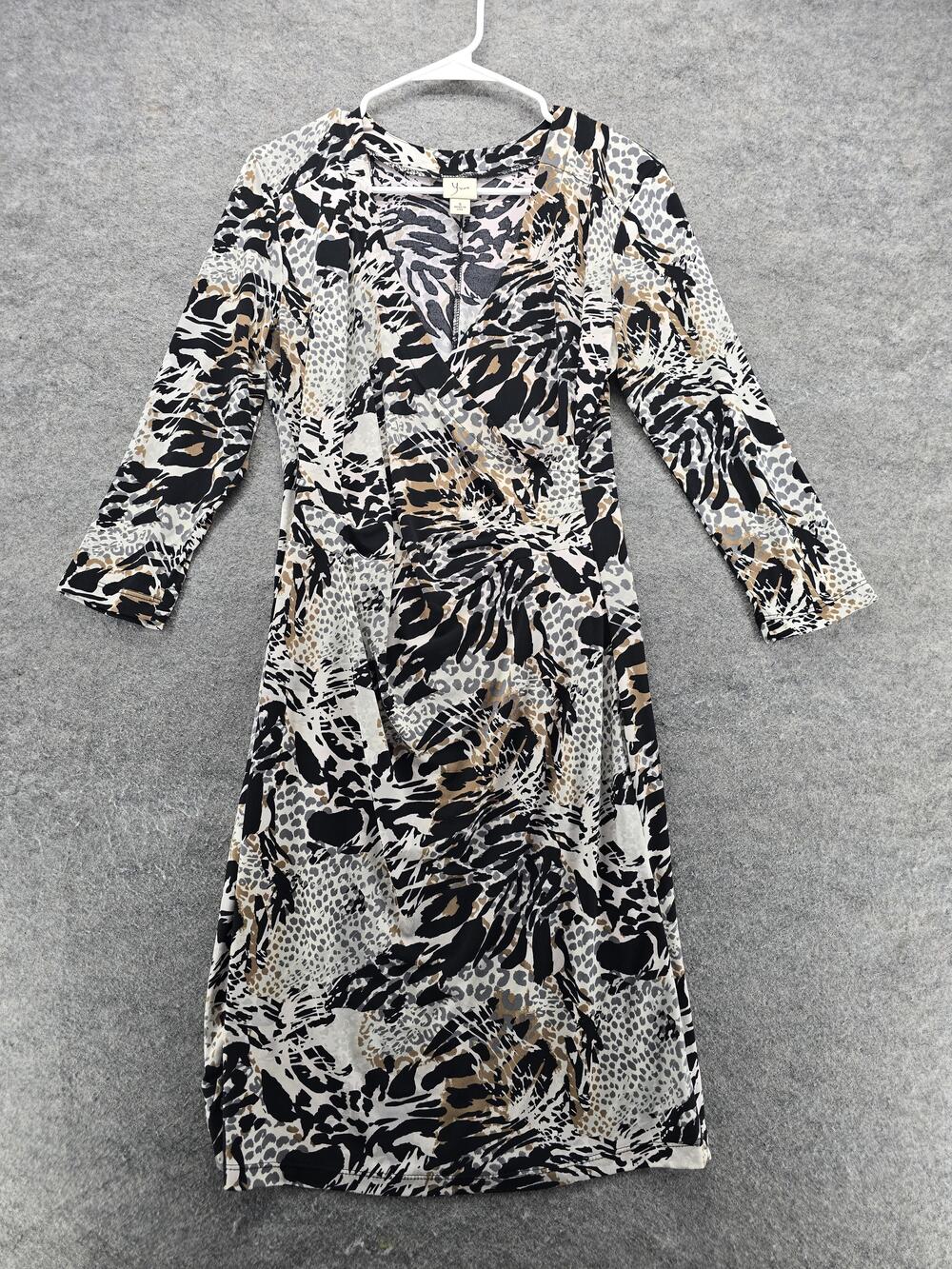 Yvos Dress Womens Small Animal Print Black Tan 3/4 Sleeve Stretch Made USA